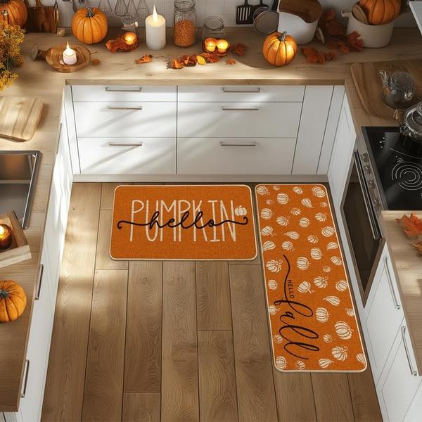 Orange Hello Pumpkin fall kitchen mats set of two in a kitchen