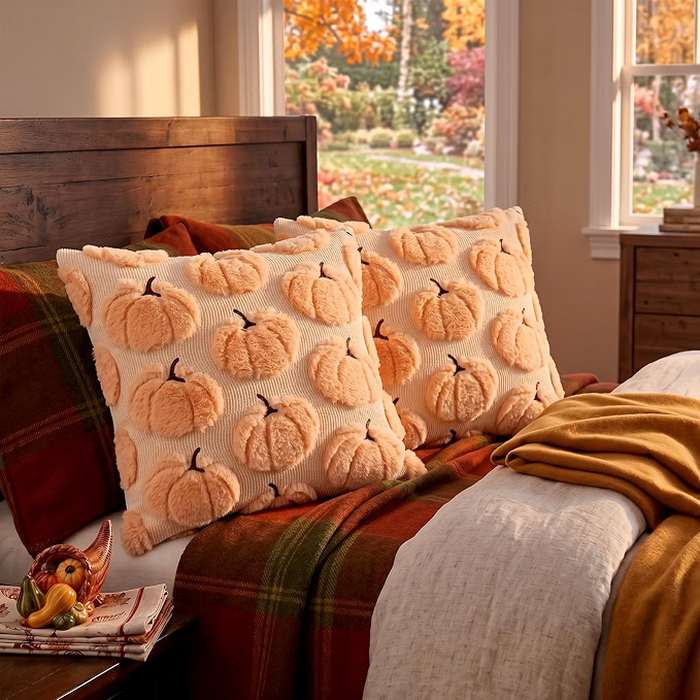 Two pumpkin textured fall pillow covers on a bed
