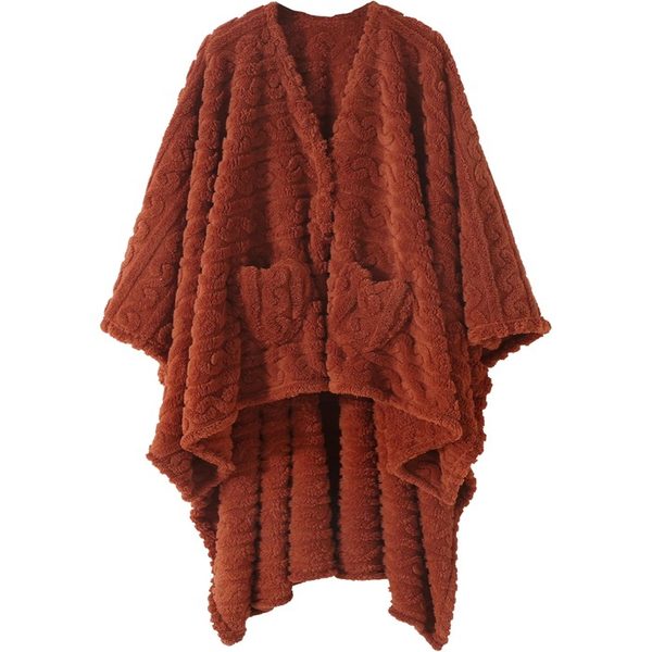 Rust colored cable knit sherpa fleece poncho wrap with pockets