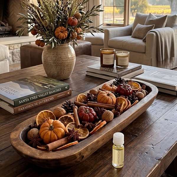Bowl of pumpkin spice potpourri with mini pumpkins, cinnamon sticks, and dried orange slices
